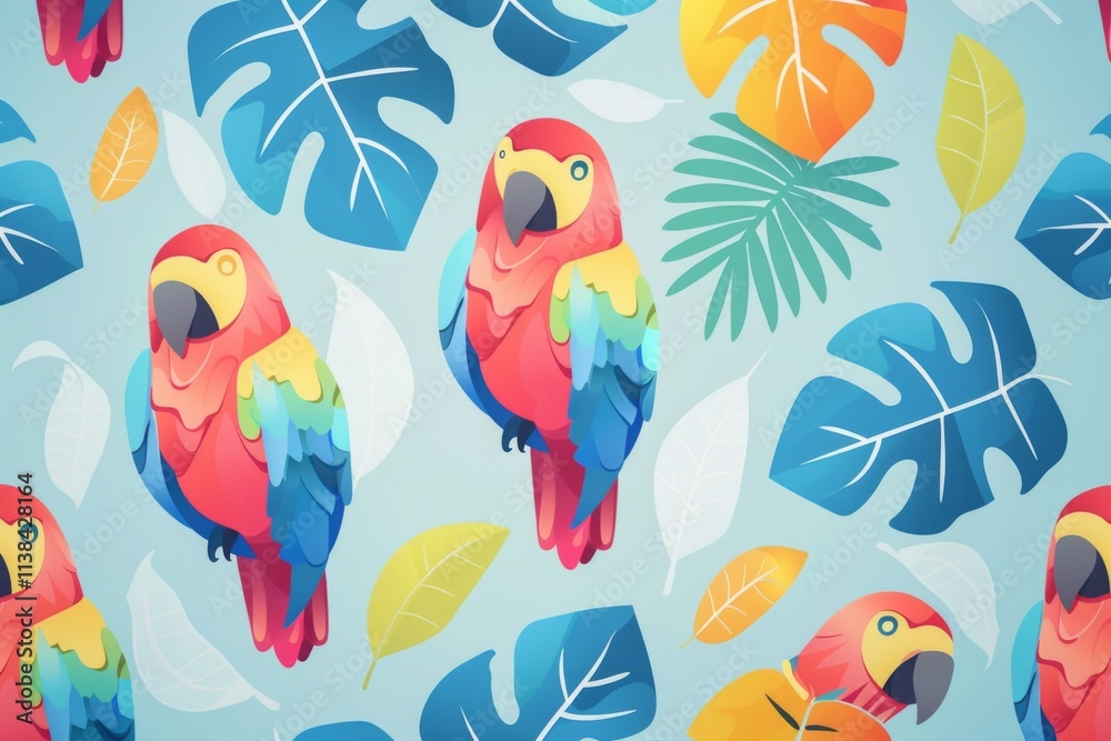 Fototapeta premium Tropical parrots surrounded by lush foliage in vivid colors, creating a vibrant and lively atmosphere, ideal for nature themed projects and designs
