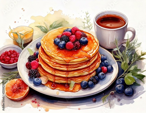 Watercolor breakfast flat-lay with pancakes, berries, and a steaming cup of coffee isolated on white background with copy space 