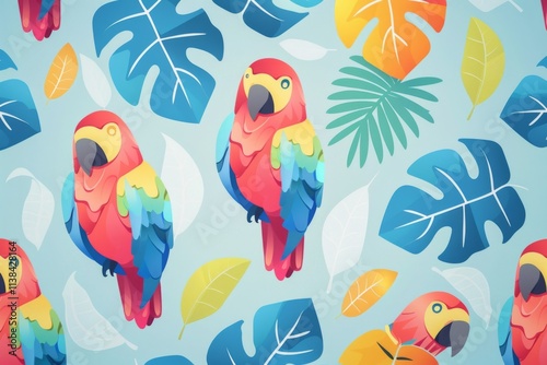 Tropical parrots surrounded by lush foliage in vivid colors, creating a vibrant and lively atmosphere, ideal for nature themed projects and designs