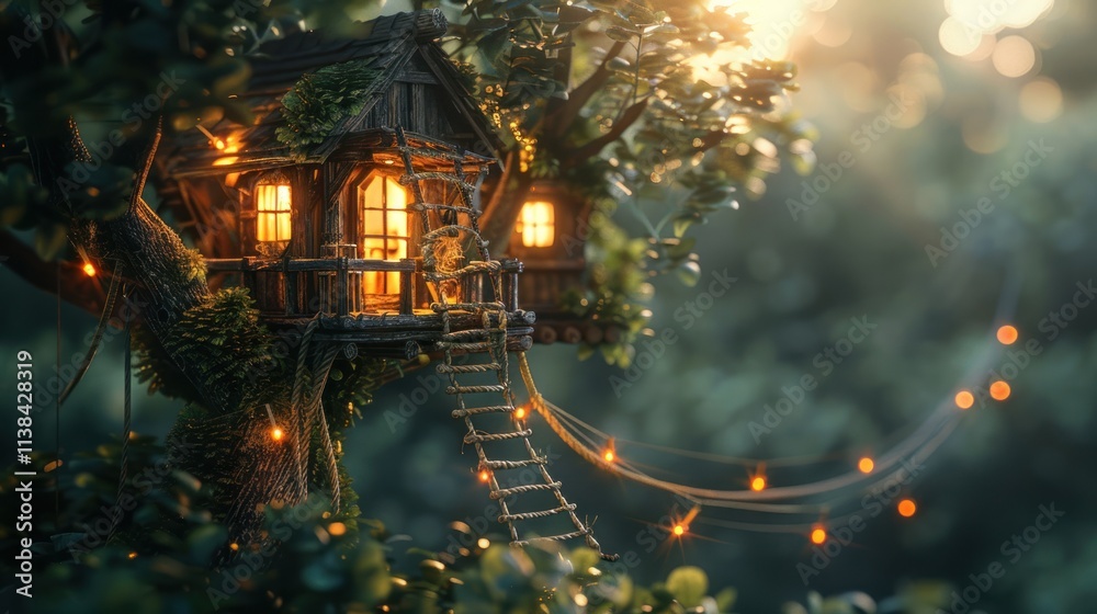 Enchanting treehouse at sunset with fairy lights.