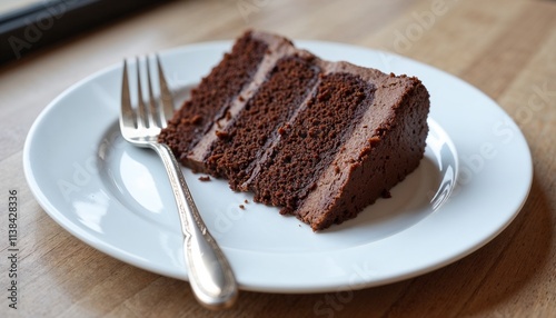 "Simple Top View of a Slice of Chocolate Cake on a Plate, Showing Layers of Moist Cake and Creamy Filling"