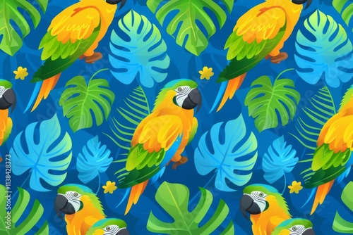 Tropical parrots surrounded by lush foliage in vivid colors, creating a vibrant and lively atmosphere, ideal for nature themed projects and designs photo