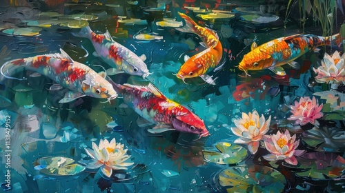 Colorful Koi fish swim in a pond with water lilies.