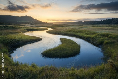 Serene sunrise over a winding river.