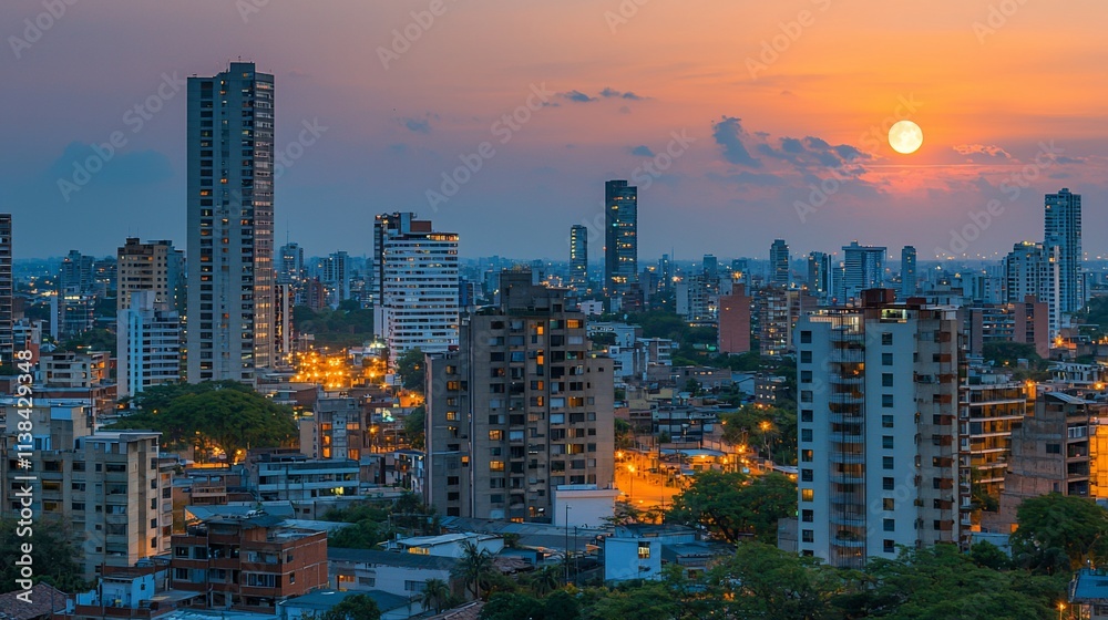 Sunset cityscape, urban skyline at dusk. Sunset cityscape, urban skyline at dusk.