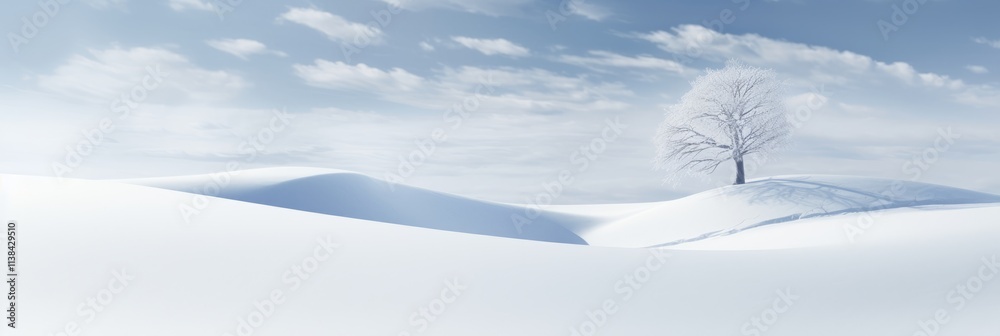 A solitary tree stands gracefully atop a snow-covered hill, casting delicate shadows on an expansive winter landscape under a clear blue sky with gentle clouds. A solitary tree stands gracefully atop a snow-covered hill, casting delicate shadows on an expansive winter landscape under a clear blue sky with gentle clouds.