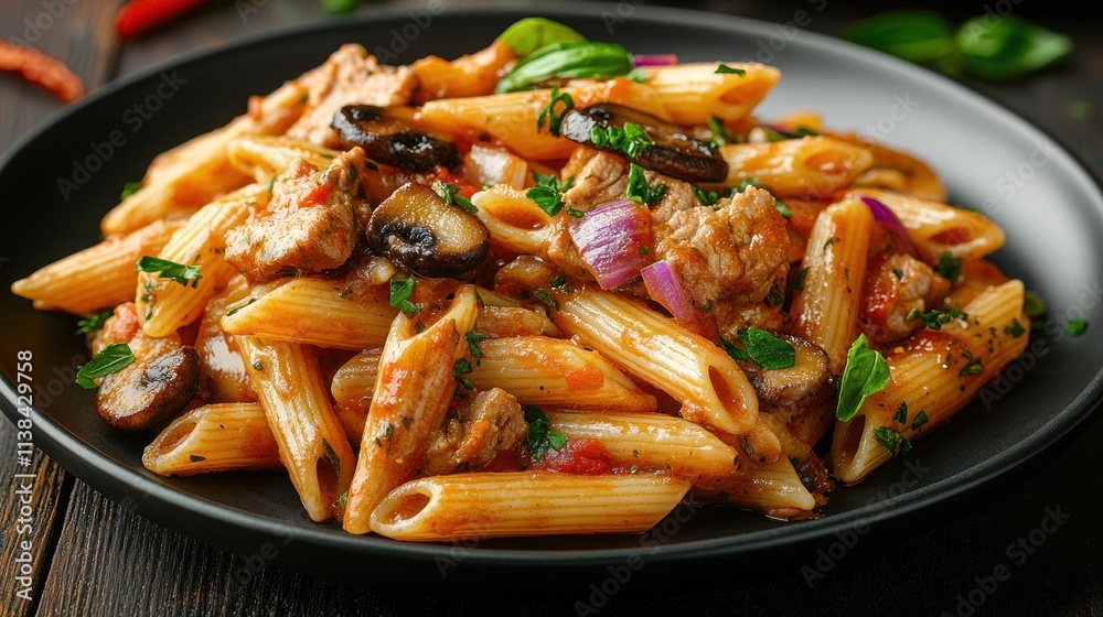 Delicious penne pasta dish with meat, mushrooms, and vegetables on a black plate. Delicious penne pasta dish with meat, mushrooms, and vegetables on a black plate.