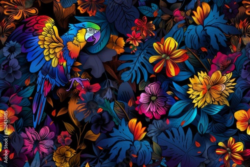 Tropical parrots surrounded by lush foliage in vivid colors, creating a vibrant and lively atmosphere, ideal for nature themed projects and designs photo