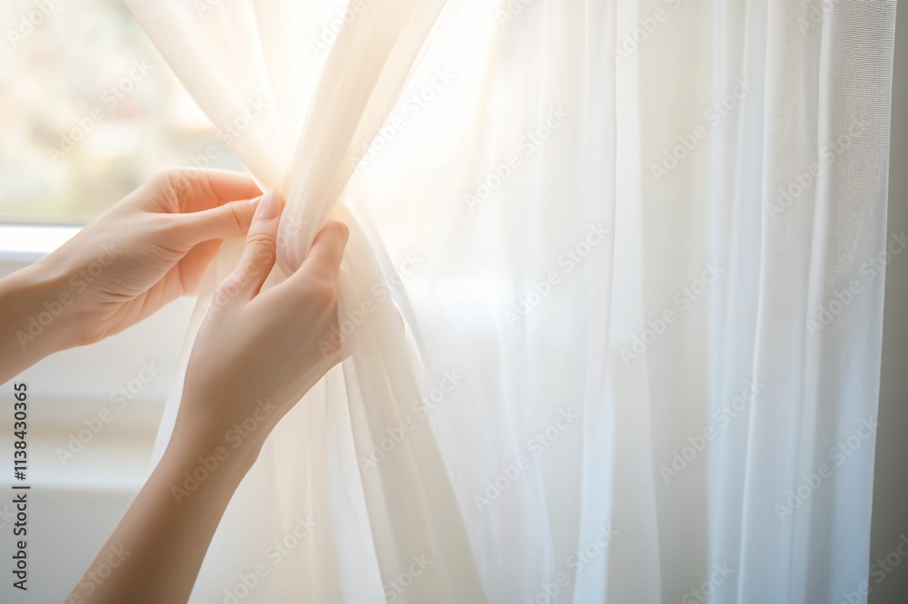 Naklejka premium Hands Delicately Pulling Sheer White Curtains to Let In Soft Natural Light into a Cozy Indoor Space with Warm Atmosphere and Inviting Vibes