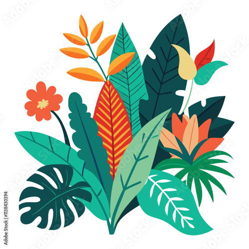 This artwork showcases a variety of tropical plants with striking colors, highlighting their lush leaves and intricate flowers against a clean white background, ideal for decoration or design work,