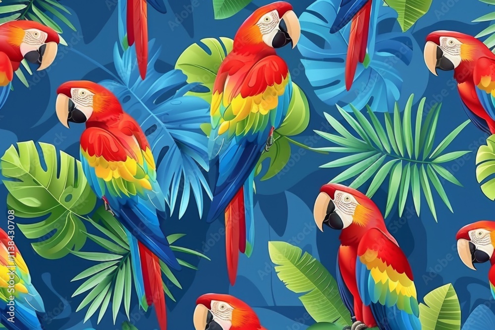 Tropical parrots surrounded by lush foliage in vivid colors, creating a vibrant and lively atmosphere, ideal for nature themed projects and designs Tropical parrots surrounded by lush foliage in vivid colors, creating a vibrant and lively atmosphere, ideal for nature themed projects and designs