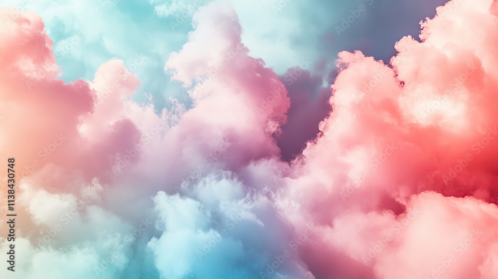 Fototapeta premium fluffy pink,blue,red,green clouds Fluffy pink, blue, red, and green clouds swirling gently in a surreal and ethereal composition