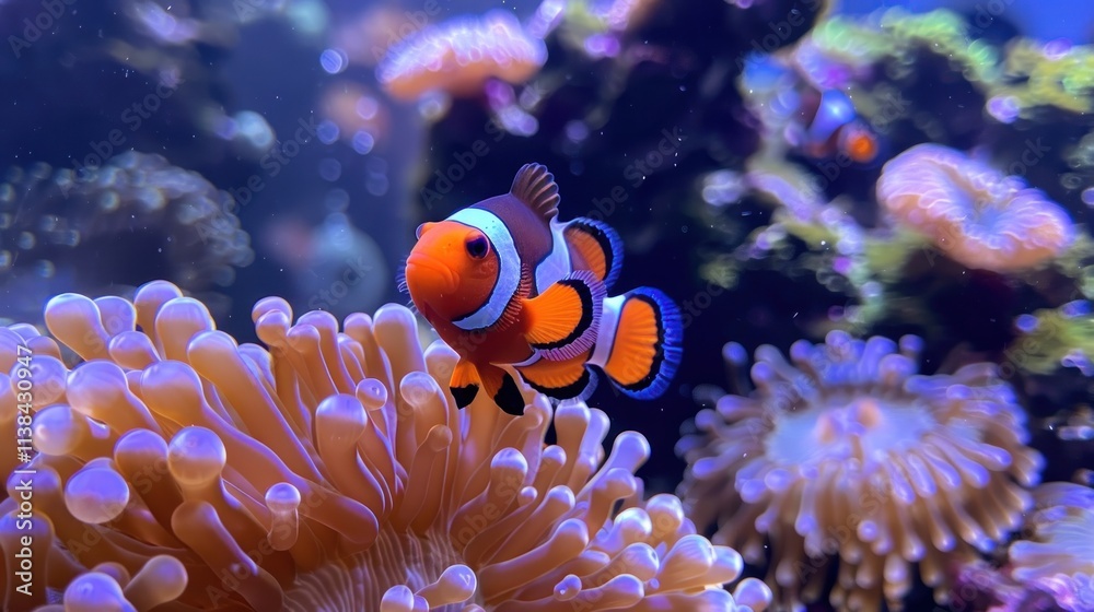Orange clownfish swimming near a sea anemone in a vibrant coral reef.