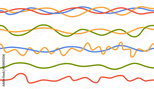 Electrical cable borders. Interlacing colored copper wires, flexible insulated connectors, plastic hoses, colorful curved bunches, electricity equipment cartoon flat nowaday vector set