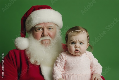 Gleeful acation season, pretty baby girl! copy space. Isolated white baby girl in gift giverâ€™s lap on green background. Kid santa claus green design. Green christmas santa claus. photo