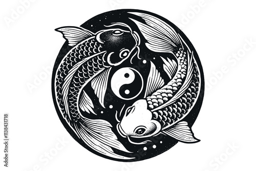 Hand-drawn black and white koi fish in yin-yang circular design