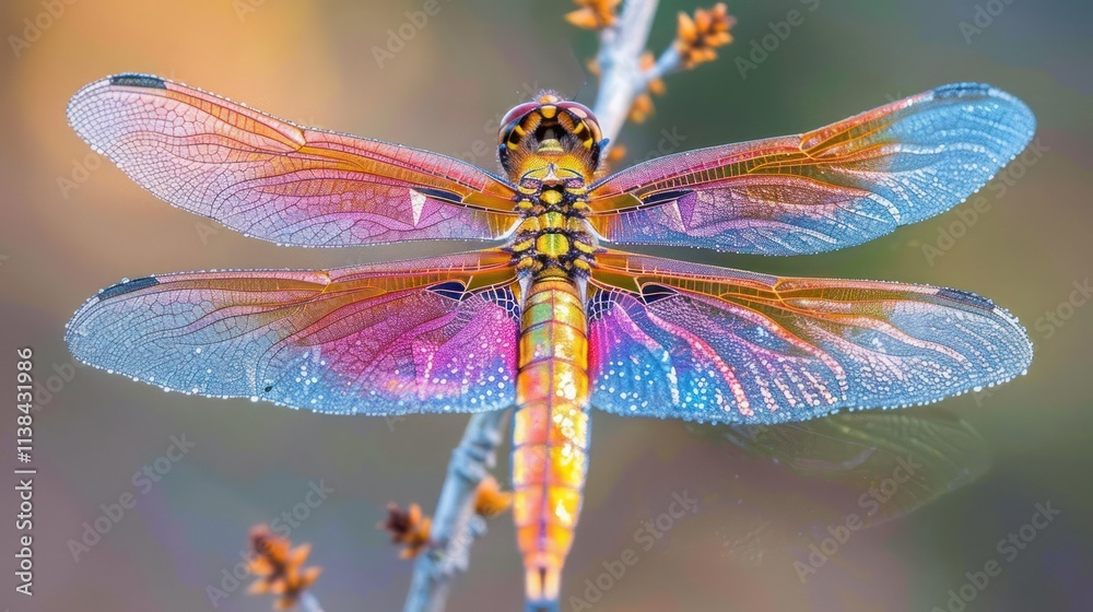 Vibrant dragonfly perched on a twig, iridescent wings, detailed macro shot. Vibrant dragonfly perched on a twig, iridescent wings, detailed macro shot.