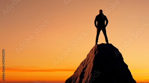 Conquering the Summit: Silhouette of a man standing victoriously on a mountain peak at sunset, symbolizing achievement, ambition, and the pursuit of goals.  photo