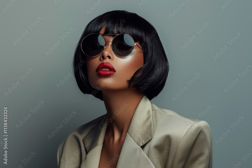 Asian woman in black suit and sunglasses striking a confident pose against a gray background, showcasing elegance and style