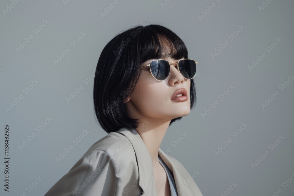Asian woman in black suit and sunglasses striking a confident pose against a gray background, showcasing elegance and style Asian woman in black suit and sunglasses striking a confident pose against a gray background, showcasing elegance and style