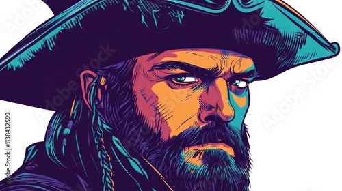 Colorful Portrait of a Fierce Pirate Character with a Bold Hat, Intense Gaze, and Intricate Facial Features, Ideal for Adventure and Fantasy Themes in Art and Design photo