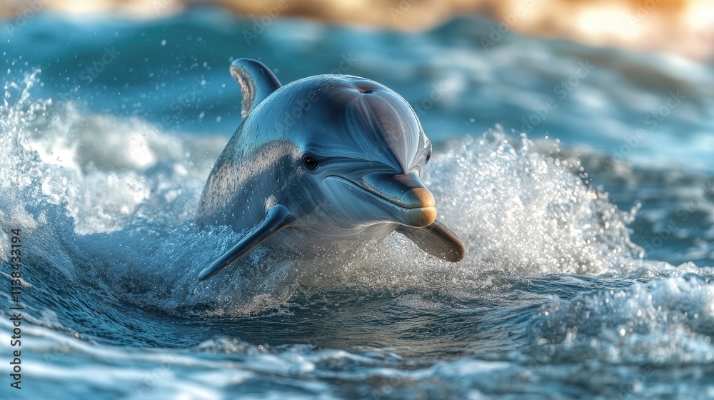 Fototapeta premium Dolphin leaping from ocean waves.