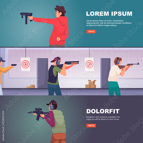 shooters in shooting gallery. aiming characters. vector horizontal banners