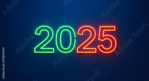 HD Retro Neon 2025 Sign, Bright Neon Green and Orange on a Vibrant Blue Background