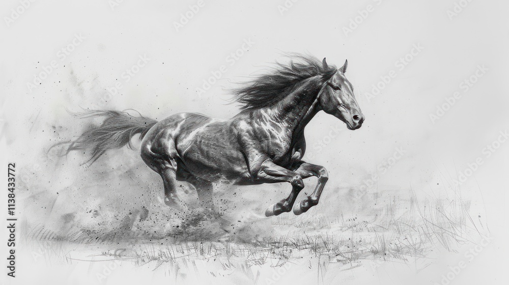 Obraz premium Majestic black and white horse galloping, dust flying.
