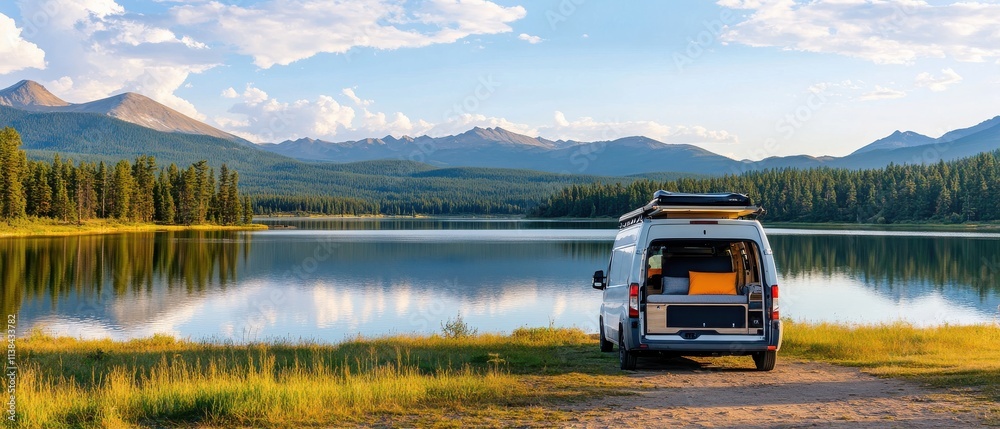 A serene van parked by a tranquil lake, surrounded by mountains and lush greenery, perfect for an outdoor adventure. A serene van parked by a tranquil lake, surrounded by mountains and lush greenery, perfect for an outdoor adventure.