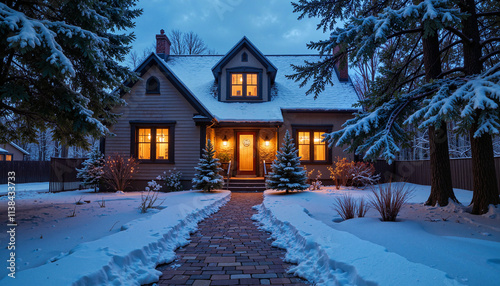 Snowy cozy house at night during winter with warm lights and trees surrounding
