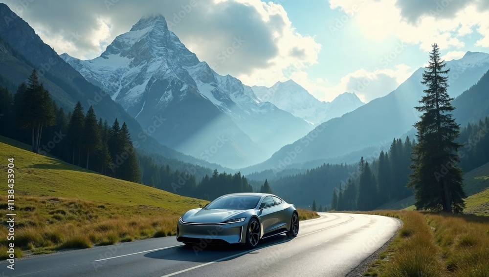 Electric Car on Mountain Road: A sleek, silver electric car glides along a winding mountain road, showcasing the beauty of nature and modern transportation. Electric Car on Mountain Road: A sleek, silver electric car glides along a winding mountain road, showcasing the beauty of nature and modern transportation.
