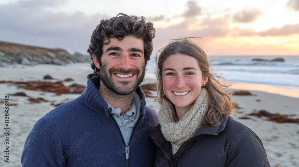 Happy Couple Posing Together On A Beach At Sunset Happy Couple Posing Together On A Beach At Sunset