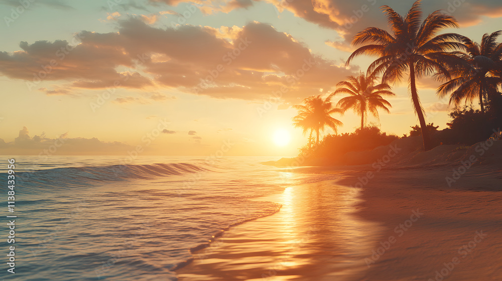 Picturesque Art Deco-style Beach with Intricately Designed Palm Trees and Glowing Waves at Sunset Picturesque Art Deco-style Beach with Intricately Designed Palm Trees and Glowing Waves at Sunset