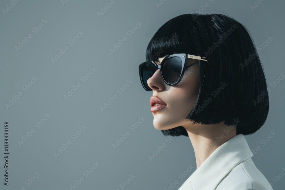 Asian woman in black suit and sunglasses striking a confident pose against a gray background, showcasing elegance and style Asian woman in black suit and sunglasses striking a confident pose against a gray background, showcasing elegance and style