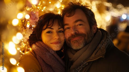 Romantic Couple Embraces Under Festive Holiday Lights