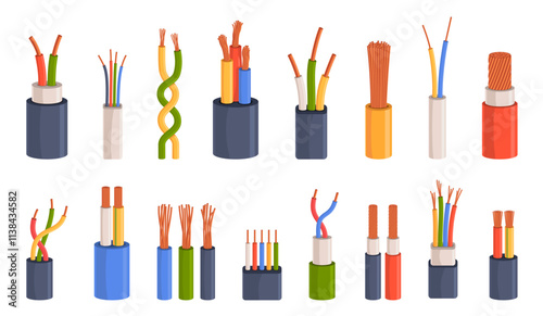 Electric cable isolation. Copper wires, colorful short pieces, power generation elements, flexible current conductors, voltage connection, cartoon flat isolated nowaday vector supply set