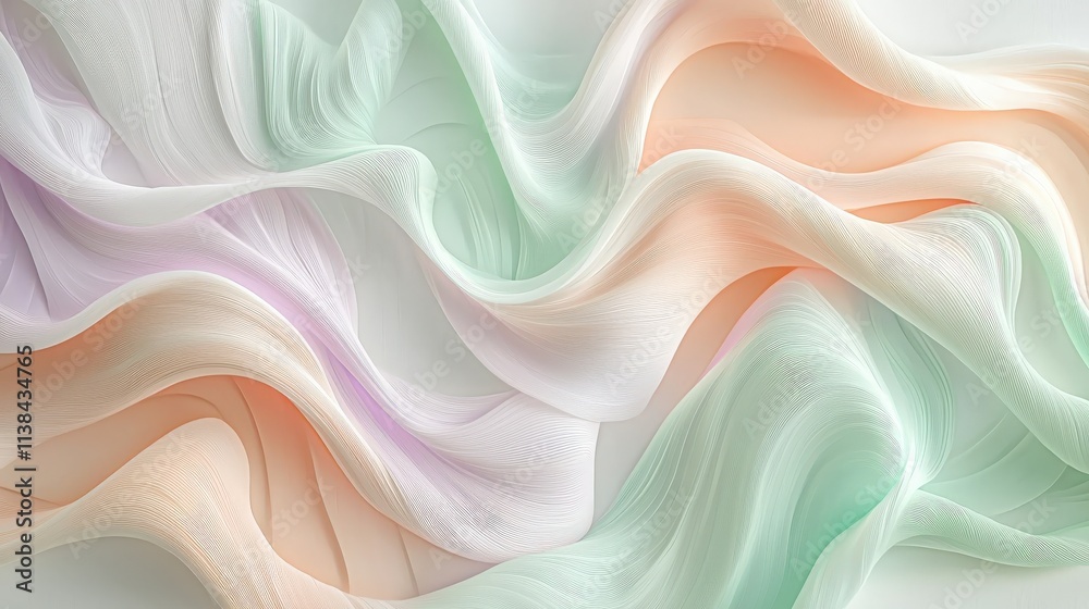A soft, flowing fabric displays gentle pastel colors, creating a serene and elegant visual texture.