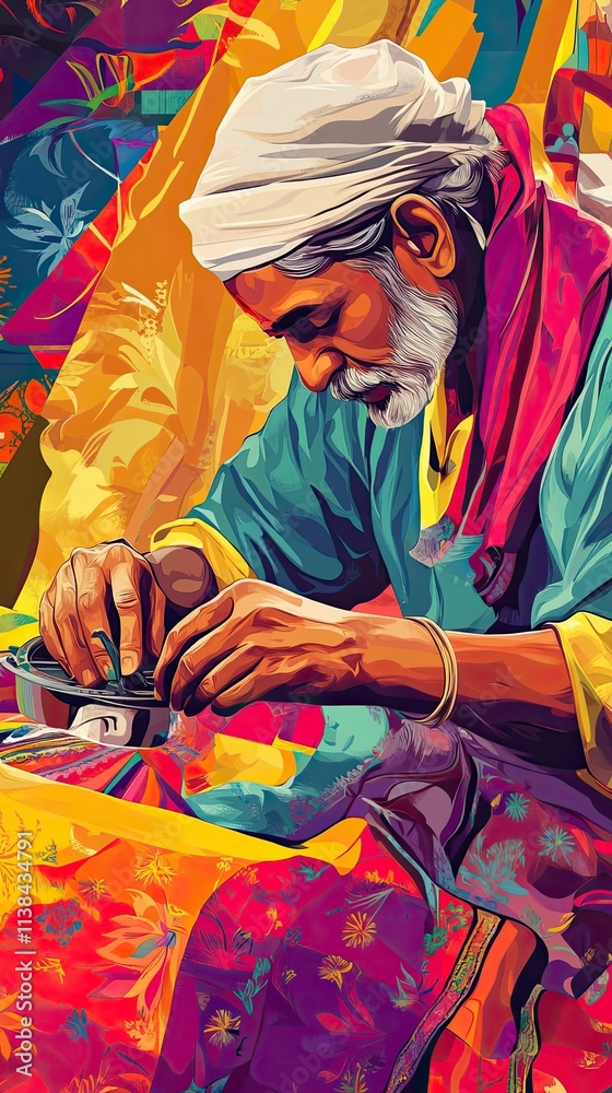 Fototapeta premium Elderly Man Carefully Working Vibrant Colorful Fabric