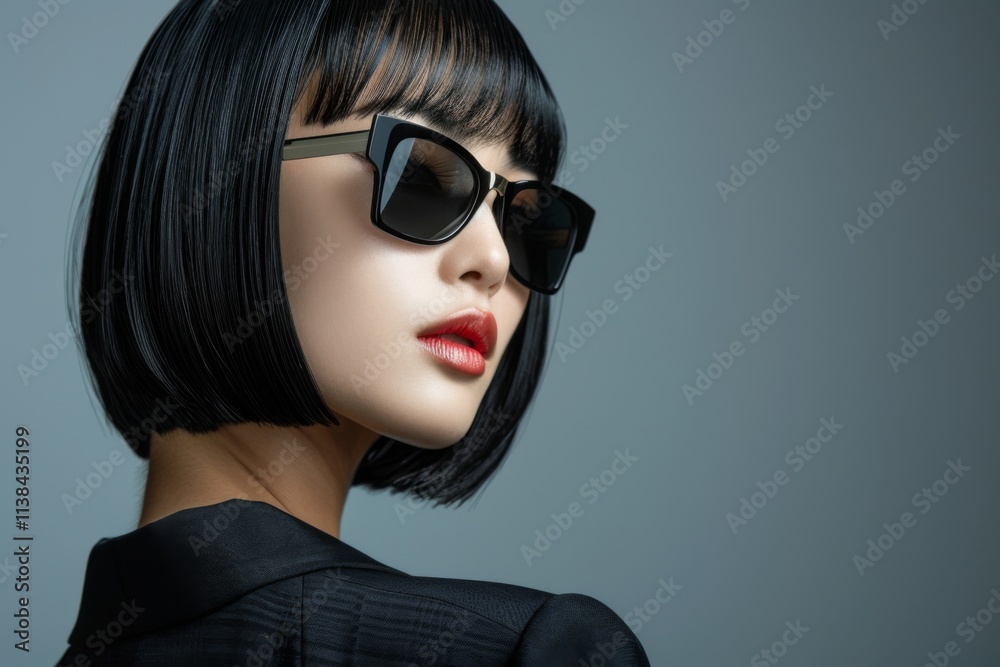 Asian woman in black suit and sunglasses striking a confident pose against a gray background, showcasing elegance and style Asian woman in black suit and sunglasses striking a confident pose against a gray background, showcasing elegance and style