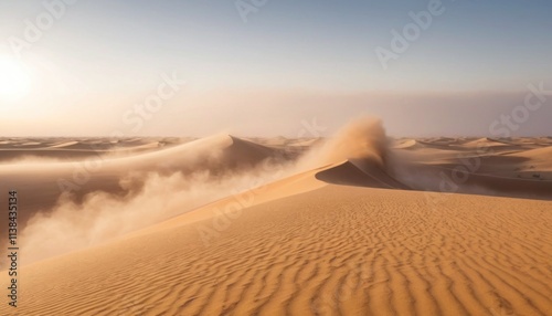 wind blowing over sand dunes in a desert landscape with dry and arid conditions and golden yellow sky