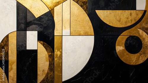 Stunning Art Deco Abstract Depiction with Bold Geometric Figures in a Rich Gold and Black Aesthetic, Radiating Sophistication and Style