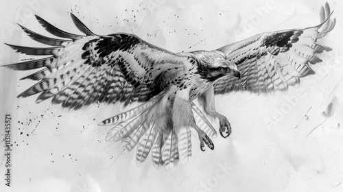 Monochrome osprey in flight, wings spread wide.