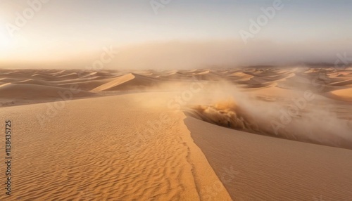 wind blowing over sand dunes in a desert landscape with dry and arid conditions and golden yellow sky