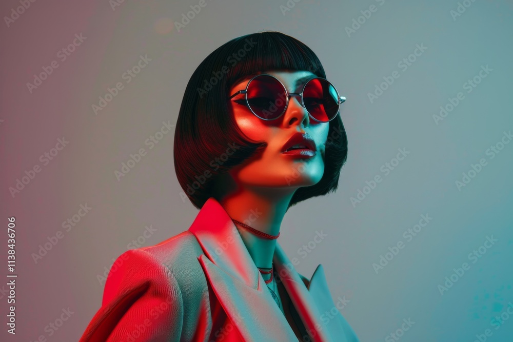 Asian woman in black suit and sunglasses striking a confident pose against a gray background, showcasing elegance and style Asian woman in black suit and sunglasses striking a confident pose against a gray background, showcasing elegance and style