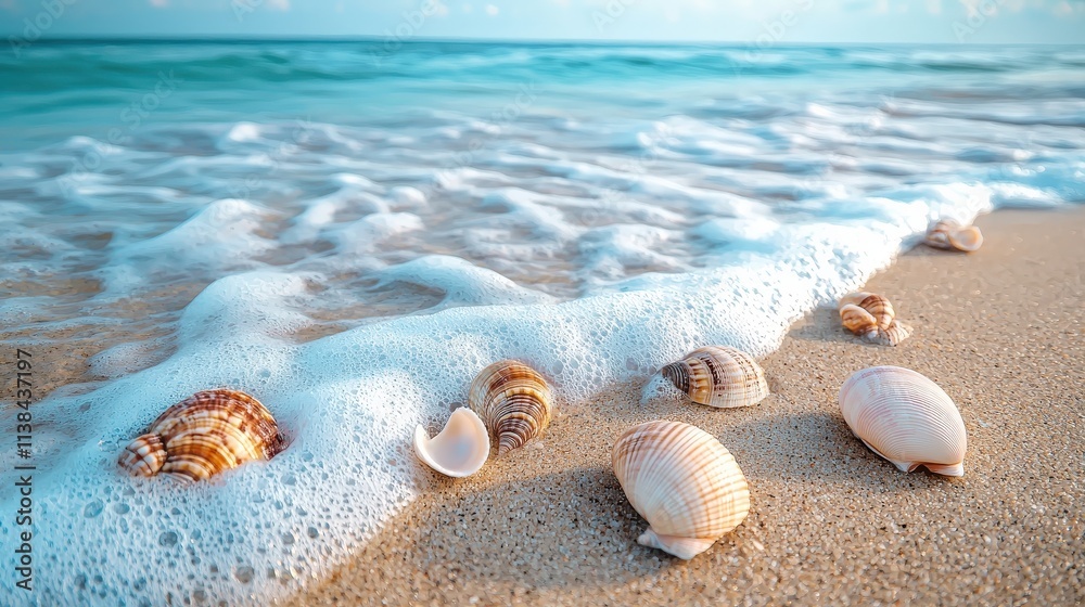 A serene beach scene with seashells scattered on soft sand, where gentle waves meet the coastline under a clear blue sky. A serene beach scene with seashells scattered on soft sand, where gentle waves meet the coastline under a clear blue sky.