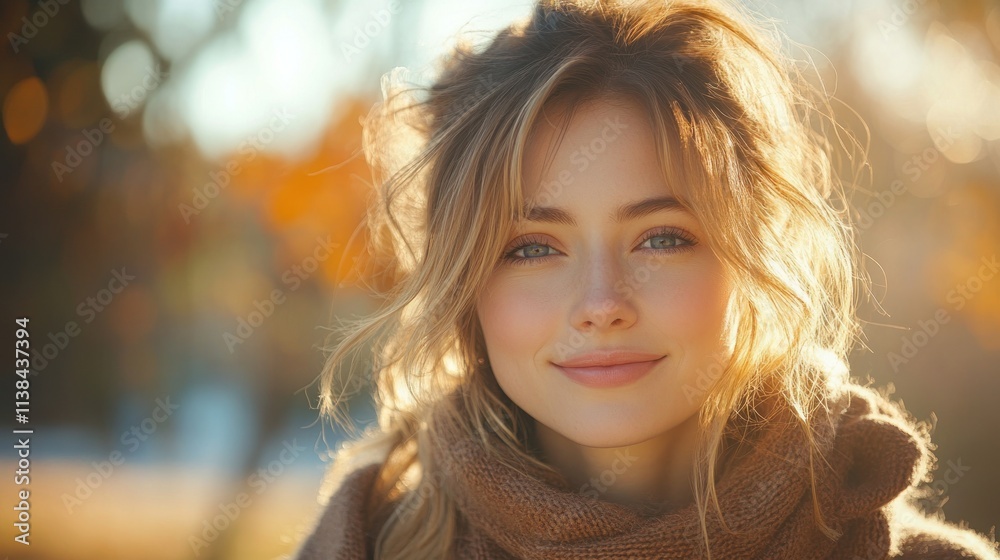 Obraz premium A young woman smiling warmly in a sunlit outdoor setting, wearing a cozy scarf.