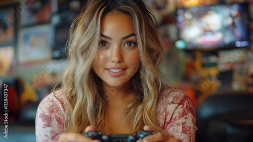 A young woman smiles while playing video games with a controller in a vibrant gaming environment.