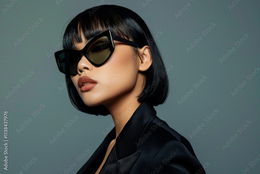 Asian woman in black suit and sunglasses striking a confident pose against a gray background, showcasing elegance and style Asian woman in black suit and sunglasses striking a confident pose against a gray background, showcasing elegance and style