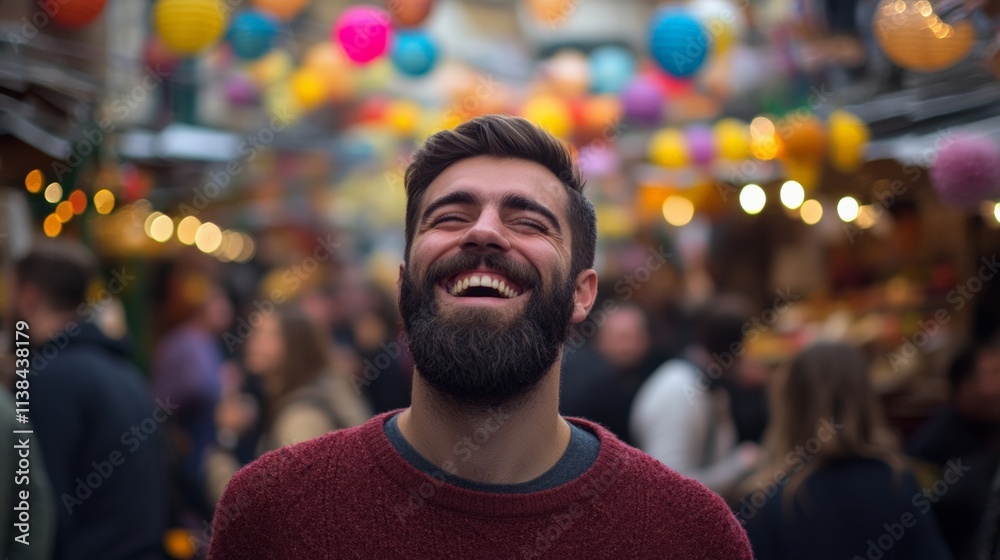 Fototapeta premium Joyful Man Smiling in Colorful Market with Balloons and Lights